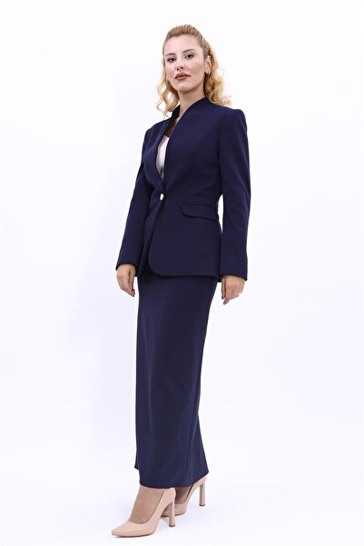 ÖNDER ÖZSOY Yakasız Ceket  & Uzun Kalem Etek Takım-Lacivert