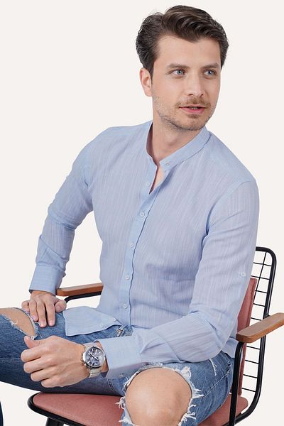 Etikmen Ανδρικό πουκάμισο - Ice Blue, ψηλός γιακάς, Slimfit, λινό, συσκευασία δώρου