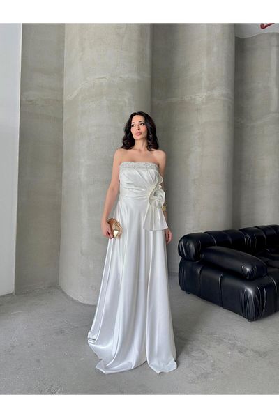Serica Moda Floral Detailed Evening Dress with White Stone Accessories