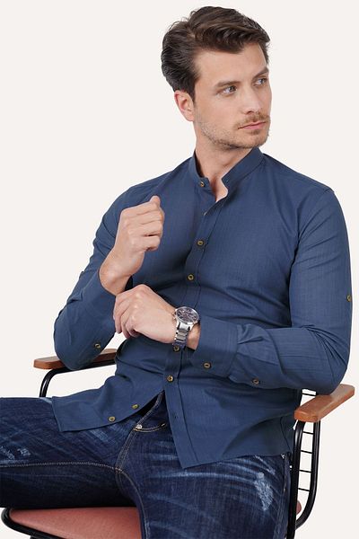 Etikmen Ανδρικό λινό πουκάμισο Indigo Slimfit - Κυρίαρχος γιακάς, Κουτί δώρου
