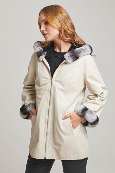 Deriderim Bej Perla Geniş Kesim Içi Kumaş Çift Taraflı Kapüşon Ve Kol Ağzı Kürklü Kadın Hakiki Deri Kaban