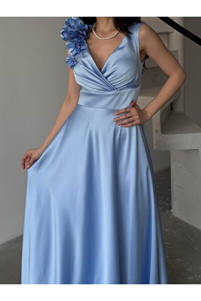 Serica Moda Βρεφικό μπλε διπλό γιακά με λεπτομέρεια σατέν βραδινό φόρεμα