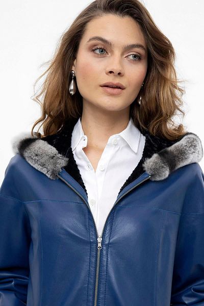 Deriderim Blue Perla Wide Cut Fabric Double Sided Hood and Sleeve Furry Women's Genuine Leather Coat