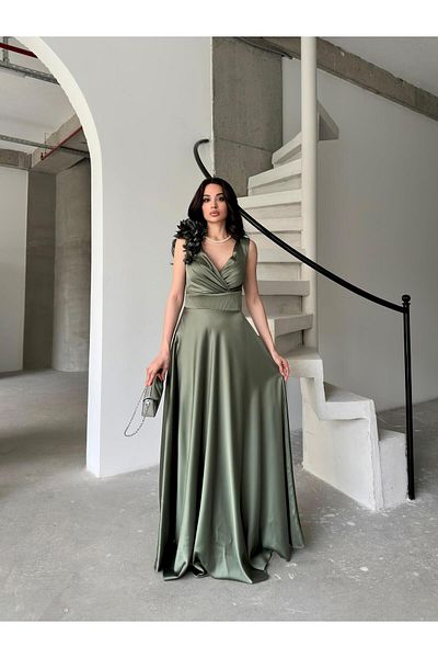 Serica Moda Khaki Double Breasted Collar Shoulder Detailed Satin Evening Dress