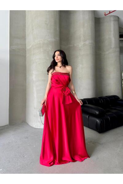 Serica Moda Kırmızı Taş Aksesuarlı Çiçek Detaylı Abiye Elbise