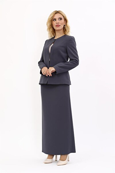 ÖNDER ÖZSOY Oval Yaka Uzun Ceket & Uzun Kalem Etek Takım-Füme