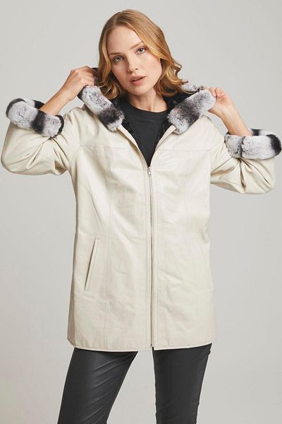 Deriderim Beige Perla Wide Cut Fabric Double Sided Hood and Sleeve Furry Women's Genuine Leather Coat