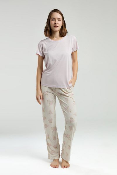 Pierre Cardin Women's Single Jersey Fabric Powder Color Short Sleeve Pajama Set