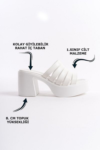 Limeo White High Wedge Heeled Faux Leather Five Thin Stripe Open Front Summer Women's Slippers Sandals