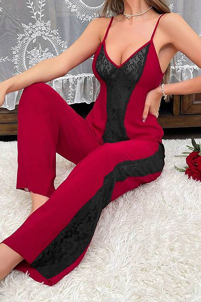 BLACK Lace Edged Spaghetti Strap Tank Top and Long Pants Women's Pajamas Set
