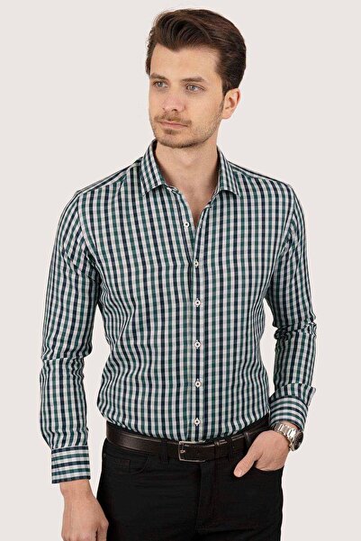 Etikmen Férfi Slimfit zöld sötétkék kockás ing - ajándékdobozban