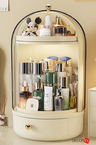 decorev 360 Degree Rotating Stand Makeup Cosmetic Organizer with Drawer, Shelf and Container