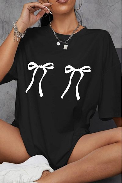 Boi Women's Double Ribbon Printed Summer Cotton Fabric Oversize Tshirt-Short Sleeve Casual Summer T-Shirt