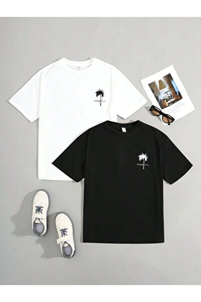 vinraus Pachet de 2 tricouri cu imprimeu cu palmier alb și negru pentru fete/...