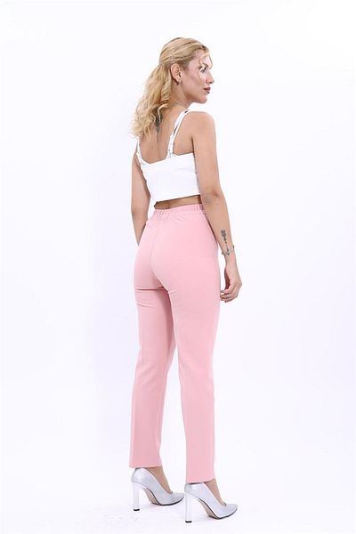 ÖNDER ÖZSOY Large Size Elastic Waist Zippered Pipe Leg Trousers - Powder