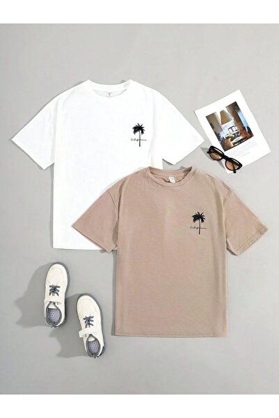 vinraus Μπλουζάκι για κορίτσι/αγόρι 2 συσκευασιών Λευκό Μπεζ Minimal Palm Pri...