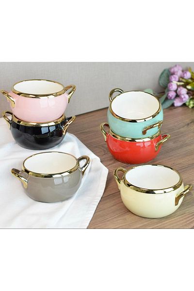 Paçi Muba Consept Porcelain Colored Handle Gold Solided Bowl of 6