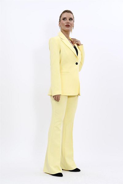 ÖNDER ÖZSOY Plus Size - Collared Classic Jacket & Flared Pants Set-Yellow