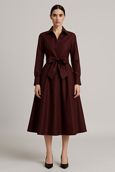 MERT ERKAN Seyyar Kuşaklı & Midi Boy Burgundy Tafta Gömlek Elbise