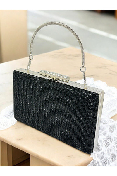 MidStore Black Color Women's Evening Dress Bag with Metal Handle, Fully Stone...