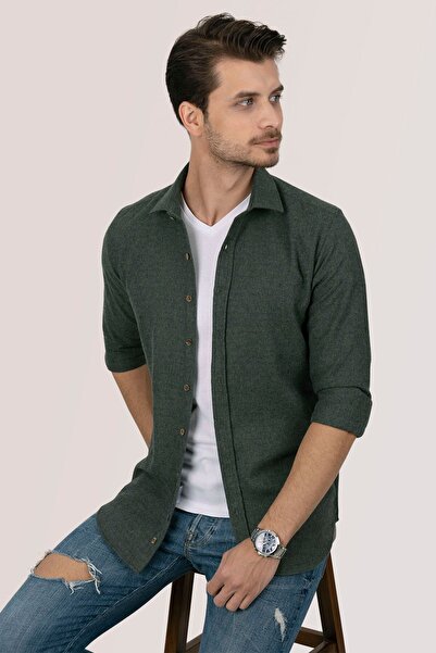 Etikmen Koyu Yeşil Düz Slimfit Oduncu Erkek Gömlek