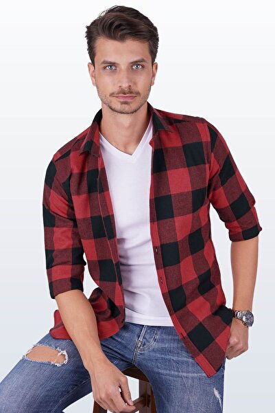 Etikmen Férfi ing - piros fekete, karcsú, favágó díszdoboz