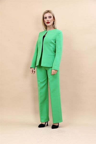 ÖNDER ÖZSOY Oval Collar Long Jacket & Wide Leg Pants Set-Green