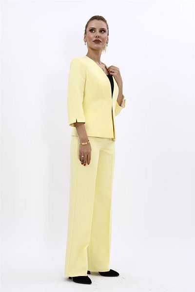 ÖNDER ÖZSOY Plus Size - V-Neck Short Jacket & Wide Leg Pants Set-Yellow