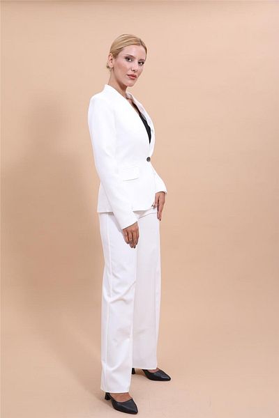 ÖNDER ÖZSOY Plus Size - Collarless Single Button Jacket & Wide Leg Pants Set-White