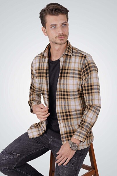 Etikmen Men's Lumberjack Shirt - White Coffee Striped with Gift Box