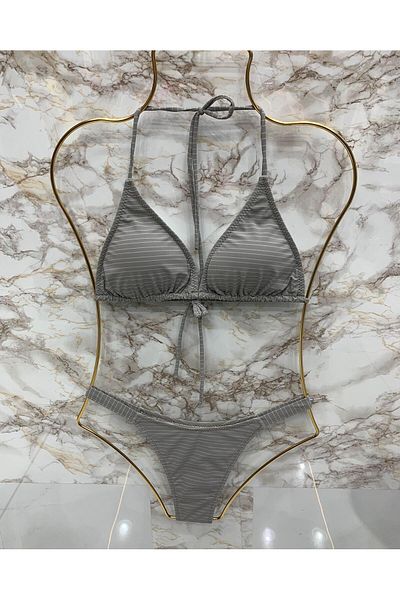 XORVİO Women's New Season Lycra Stretchy Brazillan Bottom Halter Neck Stylish Drawstring Triangle Gray Bikini Set