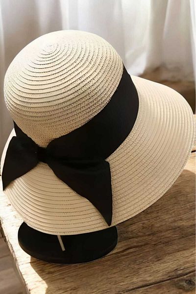 Uniquetrenders Women's Wide Brim Black Ribbon Detailed Uv Protection Summer Straw Hat