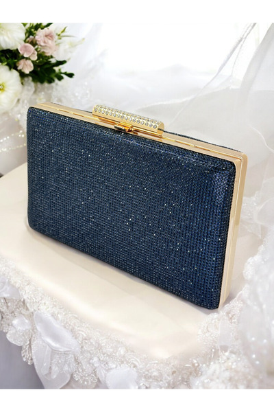 MidStore Navy Blue Color One Side Stone Embellished Women's Evening Dress Bag