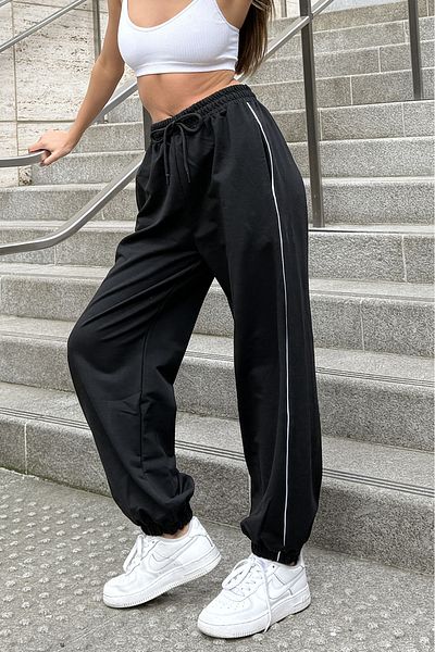 Sun Victoria Γυναικείο Μαύρο Oversize Jogger Loose Φούτερ με δύο κλωστές