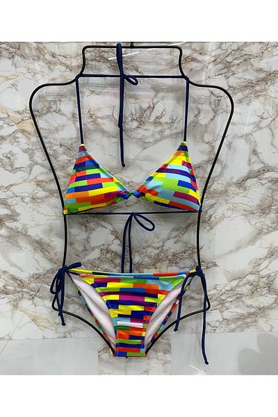 XORVİO Women's New Season Lycra Stretchy Halter Neck Stylish Drawstring Triangle Rhythmic Pattern Colorful Bikini Set