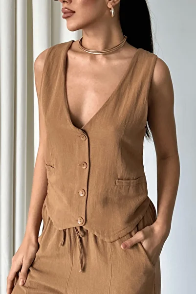 Paw Garage Women's Calliope Linen Set, Bottoming Top Set with Vest Pants, Women's Summer Set