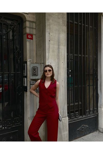 Ekim Store Set de costum blazer din două piese cu vestă cu nasturi și pantaloni