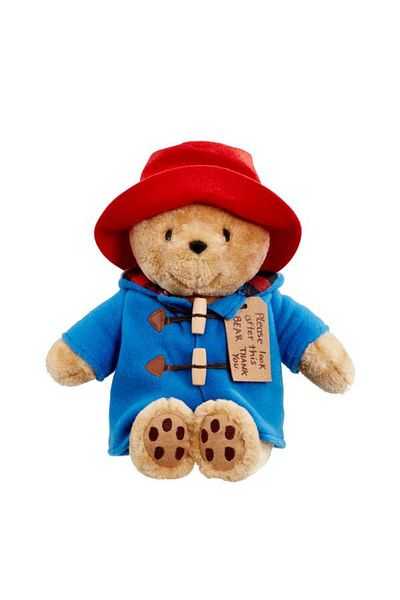 Rainbow Paddington Bear with blue coat, 30 cm