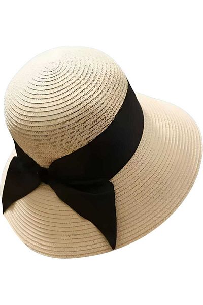 Uniquetrenders Women's Wide Brim Black Ribbon Detailed Uv Protection Summer Straw Hat