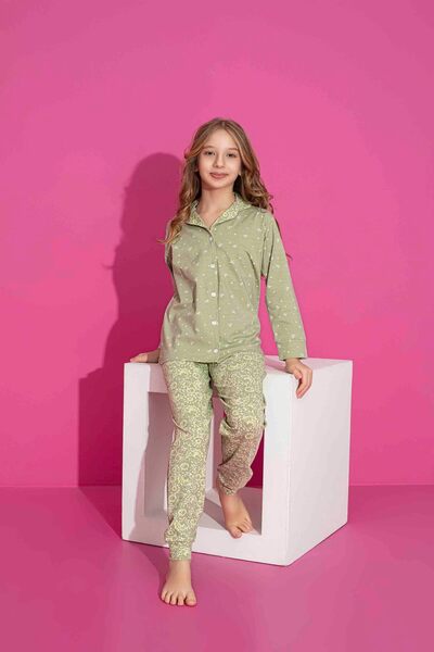 ETHEM TEKSTİL Women's Mix Patterned Front Buttoned Khaki Color Mother-Daughter Combination Pajama Set