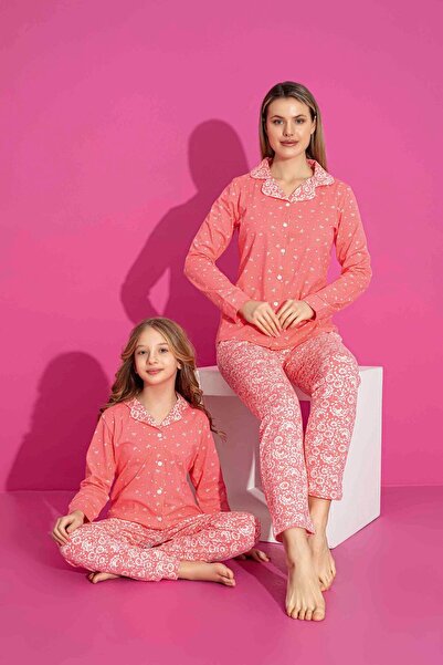 ETHEM TEKSTİL طقم بيجامة نسائي منقوش بأزرار أمامية وزهرة الرمان للأم والابنة