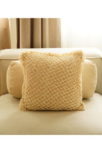 sevaradekor Summer Collection Tasseled Sequined Linen Throw Pillow Cover Pillow