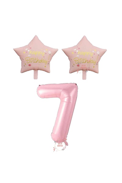 BAL10 DÜNYASI Pink Balloon Set 7 Years Old Happy Birthday and Stars Design