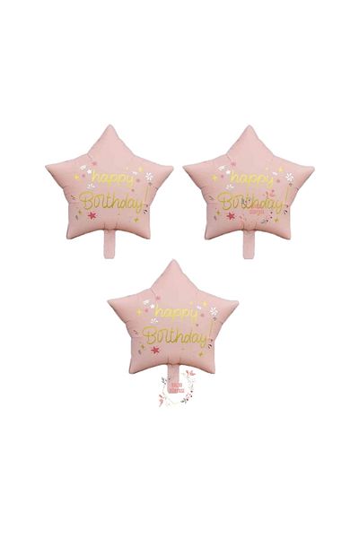 BAL10 DÜNYASI Bal10 Pink Color Happy Birthday Written Star Foil Balloon 3 Pieces