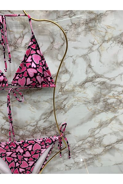 XORVİO Women's New Season Lycra Stretchy Side and Neck Tie Stylish Drawstring Triangle Pink Heart Bikini Set
