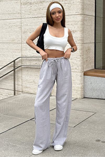 Sun Victoria Γυναικείο γκρι λινό ύφασμα ψηλόμεσο φαρδύ παντελόνι Palazzo