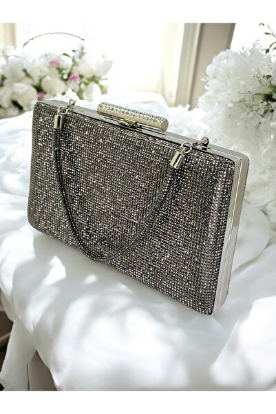 MidStore Platinum Color Women's Evening Dress Bag with Stone Handle and Singl...