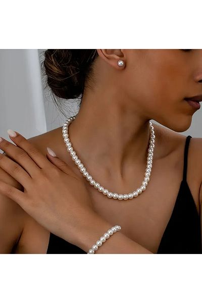 MYSTERY TAKI AKSESUAR Complementary Necklace Bracelet Earrings Luxury Pearl Set