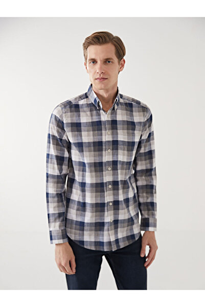 LC Waikiki Νέα Σεζόν Ανδρικό Πουκάμισο Καρό Ποπλίνα με Μακριά Μανίκια και Καν...