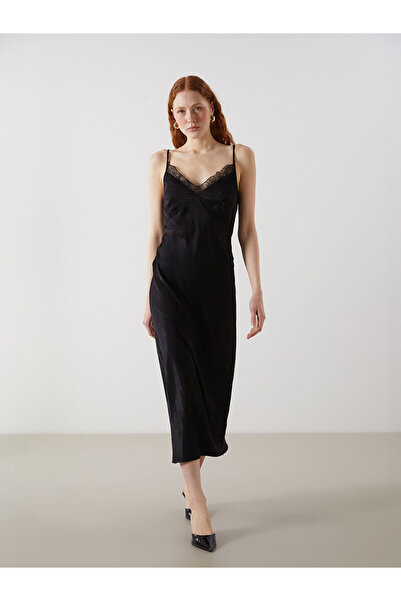 LC Waikiki Rochie de damă din satin cu decolteu în V negru LCW Vision